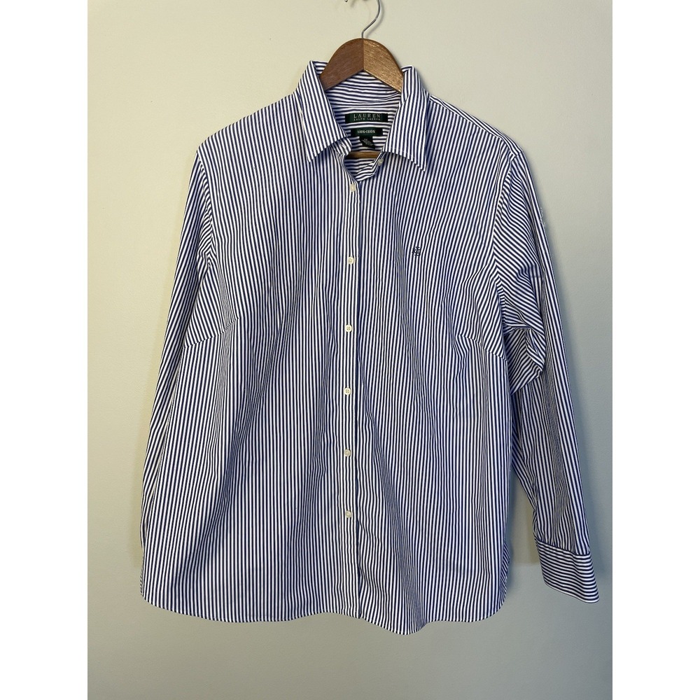 Lauren Ralph Lauren Non Iron Button Down Navy/White‎ Striped Collared Shirt. 1X.